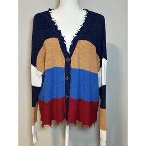 Multi Color Colorblock Distressed Knit Sweater Size Medium Long Sleeve Fringe